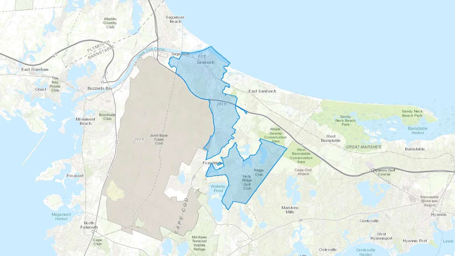Sandwich, MA Cash heating Oil delivery map Map of the COD Fuel Oil delivery service area for Sandwich, MA