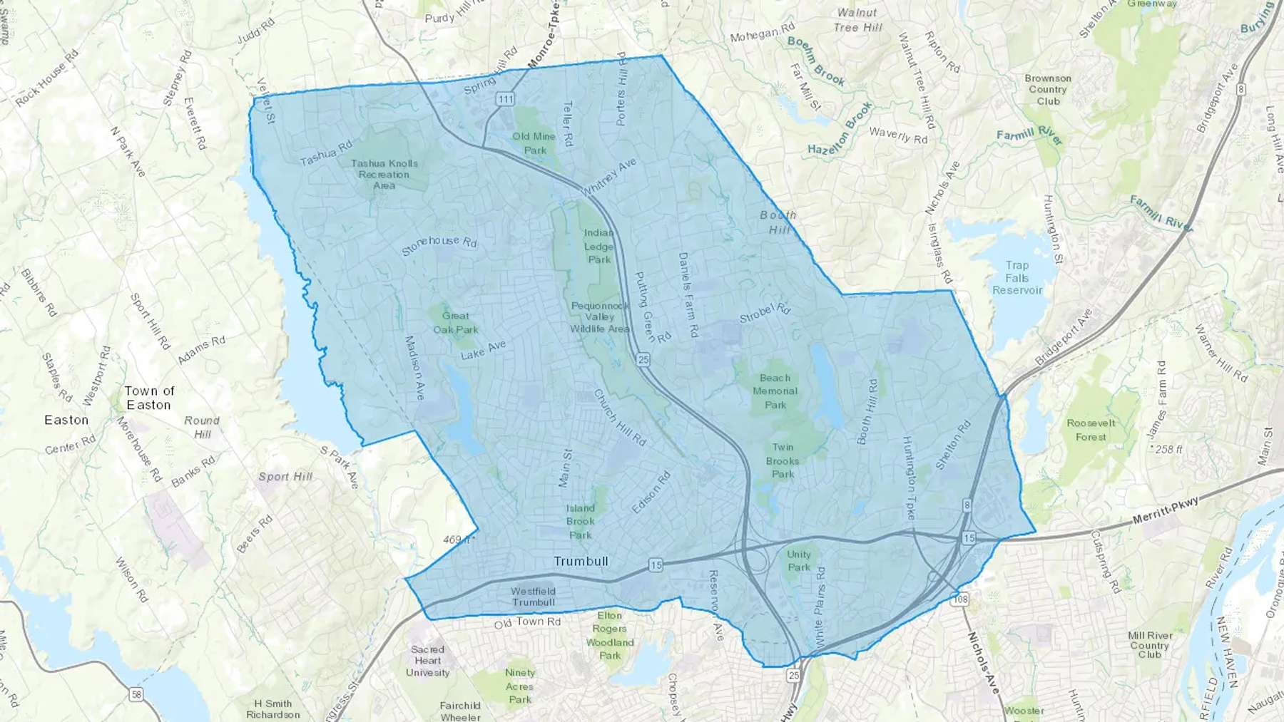 Trumbull, CT Cash heating Oil delivery map Map of the COD Fuel Oil delivery service area for Trumbull, CT