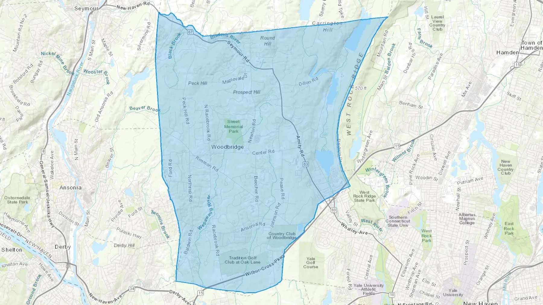 Woodbridge, CT Cash heating Oil delivery map Map of the COD Fuel Oil delivery service area for Woodbridge, CT