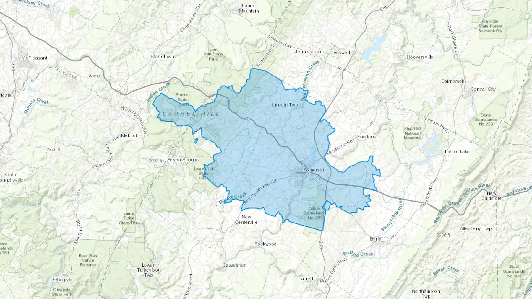 Somerset, PA Cash heating Oil delivery map Map of the COD Fuel Oil delivery service area for Somerset, PA