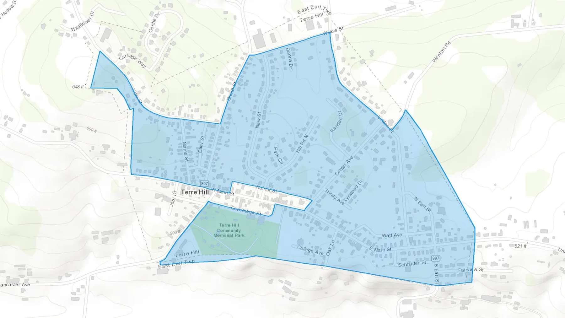 Terre Hill, PA Cash heating Oil delivery map Map of the COD Fuel Oil delivery service area for Terre Hill, PA