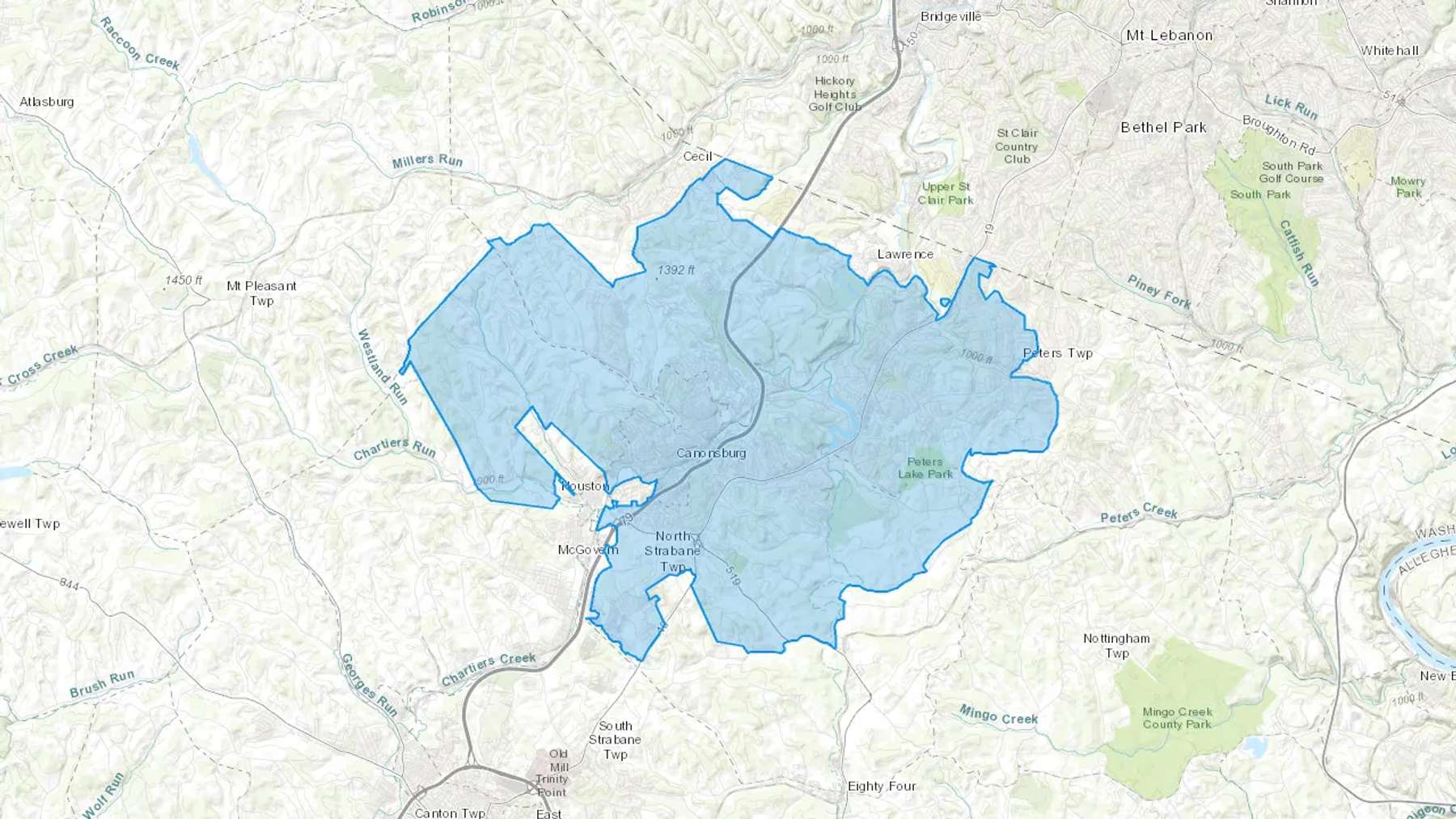Canonsburg, PA Cash heating Oil delivery map Map of the COD Fuel Oil delivery service area for Canonsburg, PA