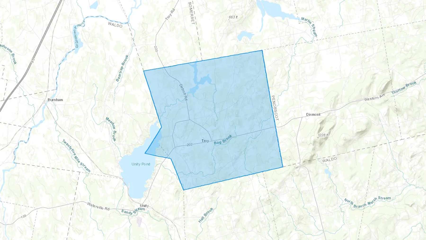Troy, ME Cash heating Oil delivery map Map of the COD Fuel Oil delivery service area for Troy, ME