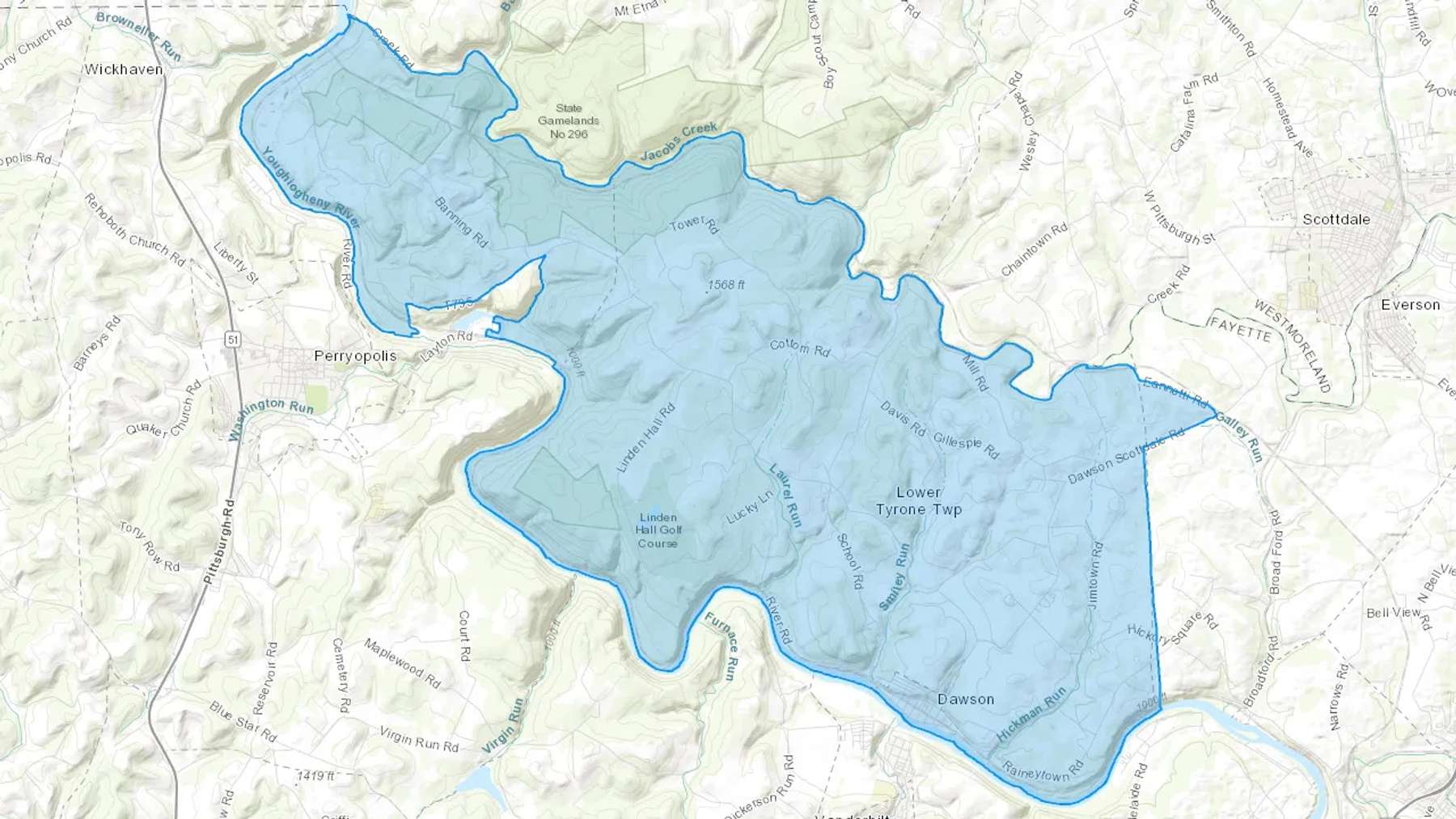 Dawson, PA Cash heating Oil delivery map Map of the COD Fuel Oil delivery service area for Dawson, PA