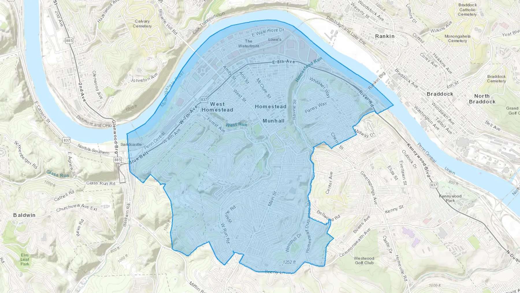 Homestead, PA Cash heating Oil delivery map Map of the COD Fuel Oil delivery service area for Homestead, PA