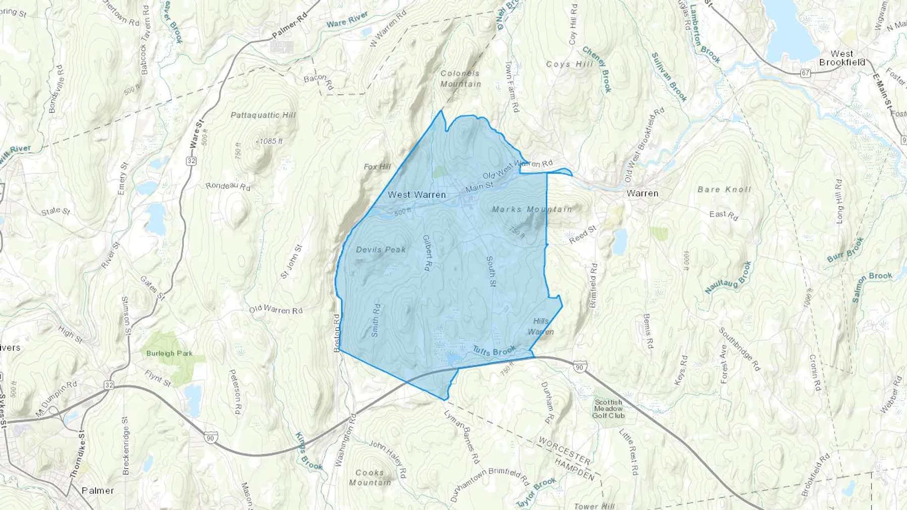 West Warren, MA Cash heating Oil delivery map Map of the COD Fuel Oil delivery service area for West Warren, MA