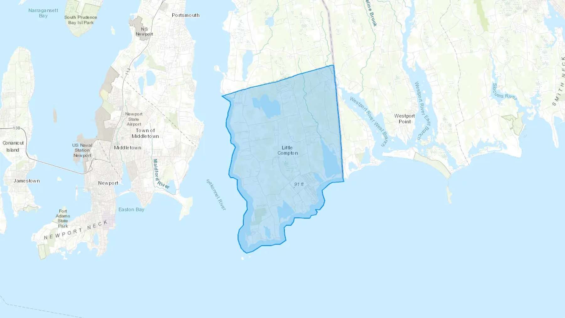 Little Compton, RI Cash heating Oil delivery map Map of the COD Fuel Oil delivery service area for Little Compton, RI