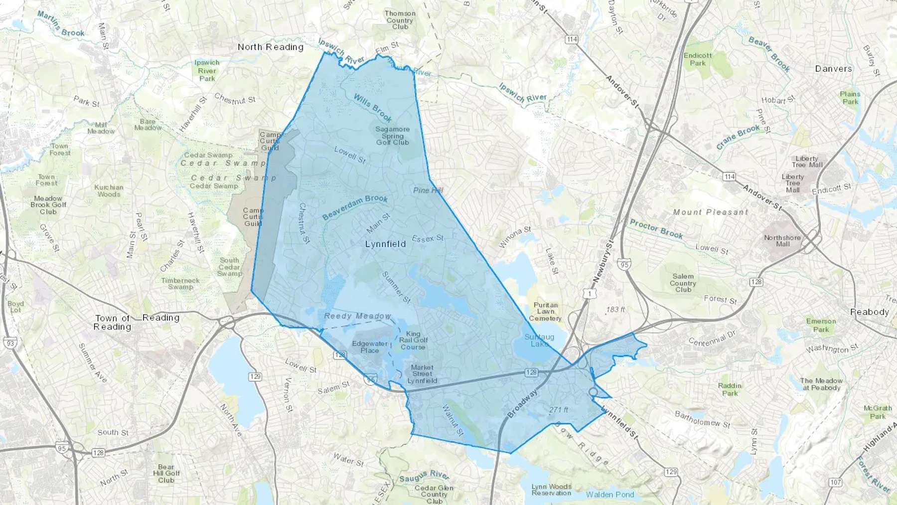 Lynnfield, MA Cash heating Oil delivery map Map of the COD Fuel Oil delivery service area for Lynnfield, MA