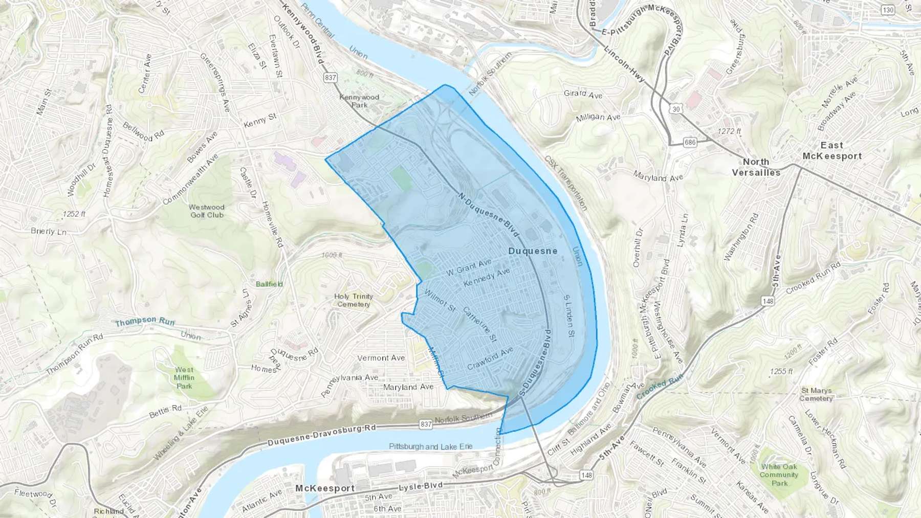 Duquesne, PA Cash heating Oil delivery map Map of the COD Fuel Oil delivery service area for Duquesne, PA