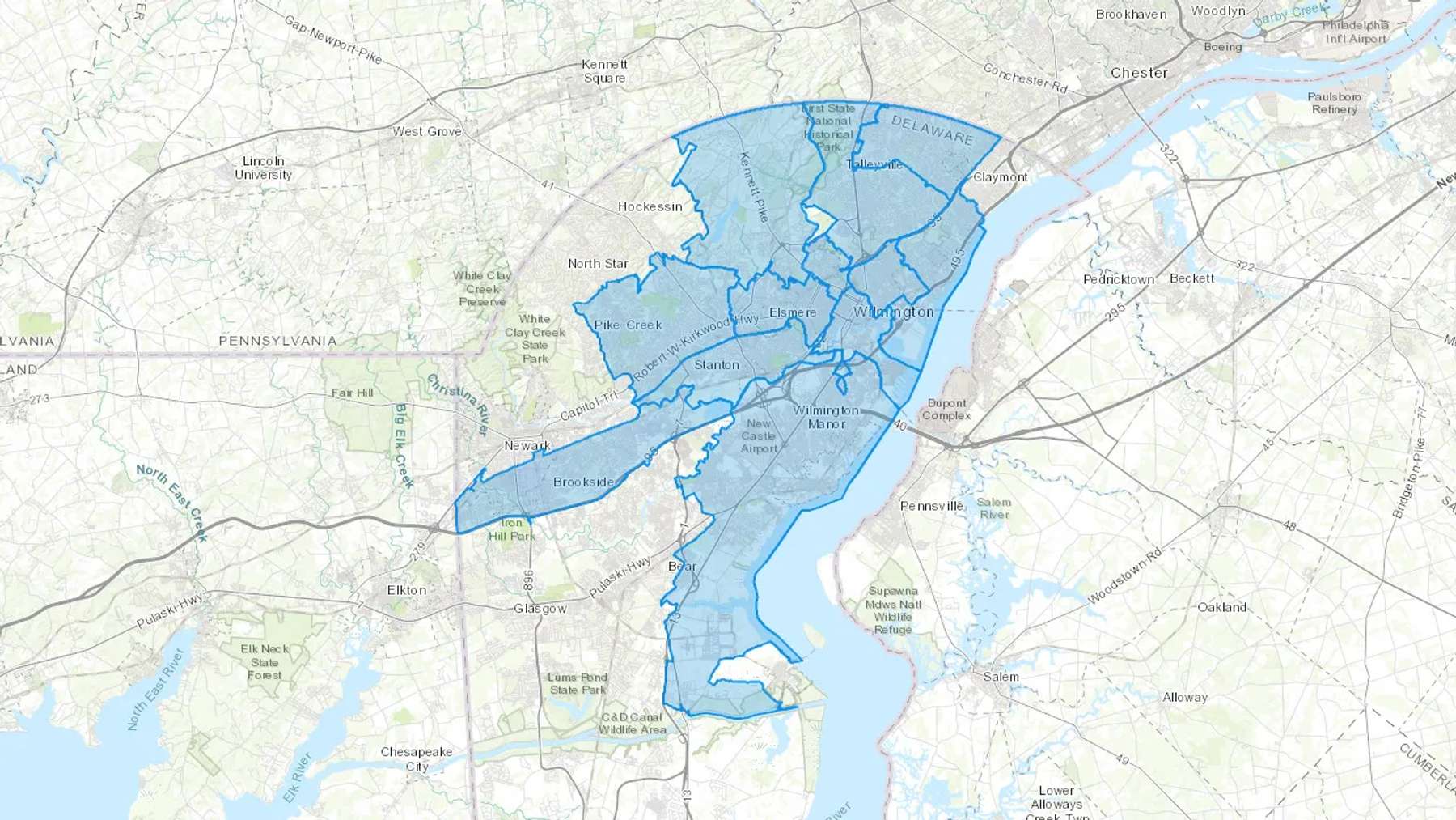 Wilmington, DE Cash heating Oil delivery map Map of the COD Fuel Oil delivery service area for Wilmington, DE