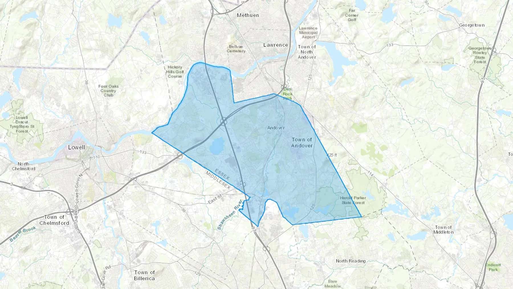 Andover, MA Cash heating Oil delivery map Map of the COD Fuel Oil delivery service area for Andover, MA