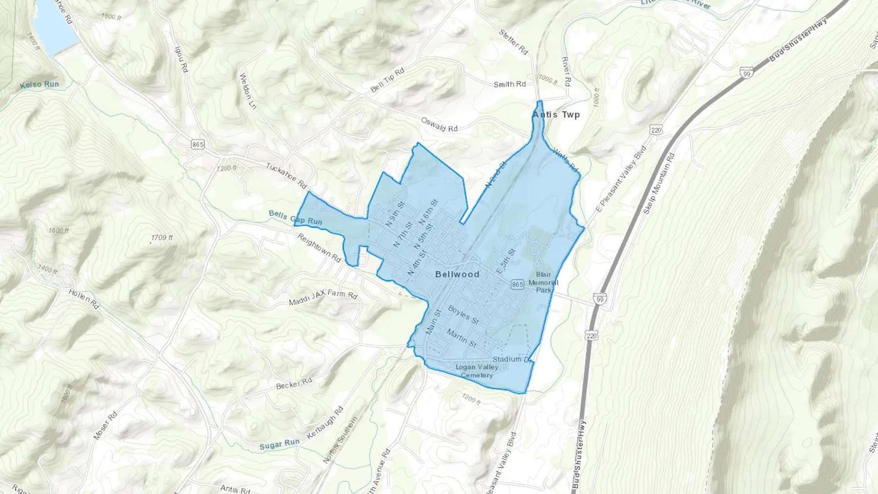 Bellwood, PA Cash heating Oil delivery map Map of the COD Fuel Oil delivery service area for Bellwood, PA
