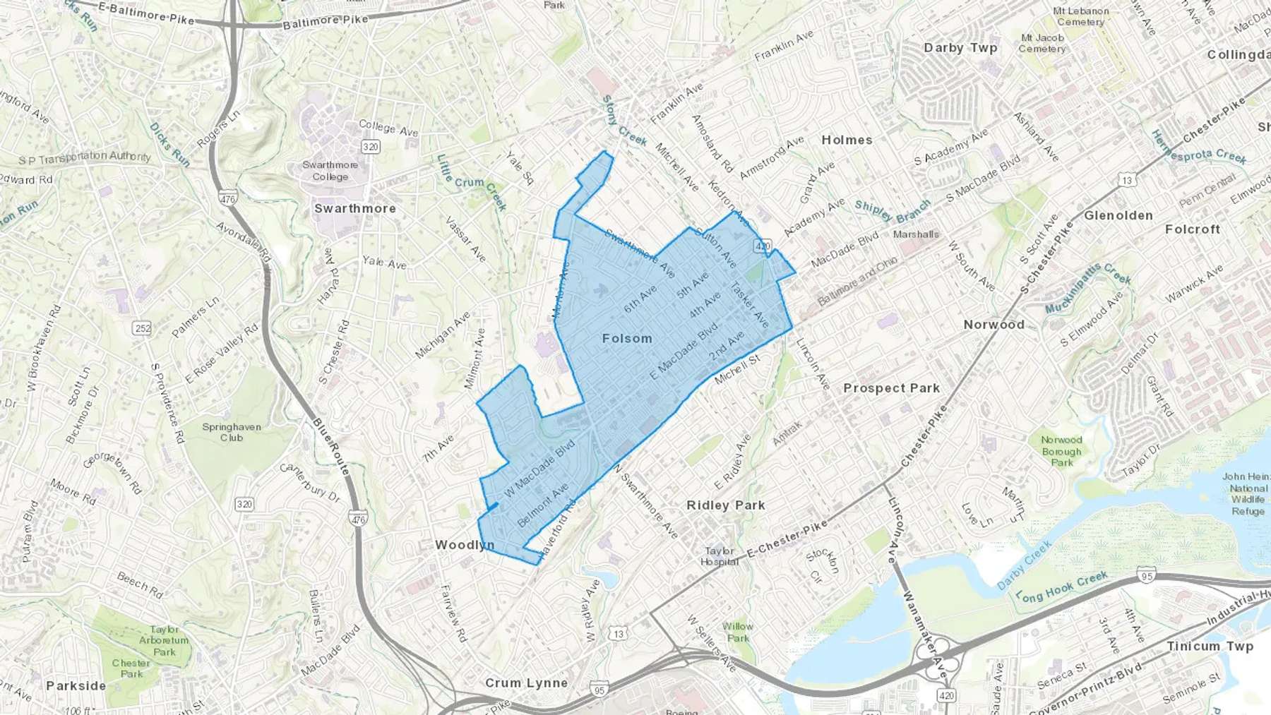 Folsom, PA Cash heating Oil delivery map Map of the COD Fuel Oil delivery service area for Folsom, PA