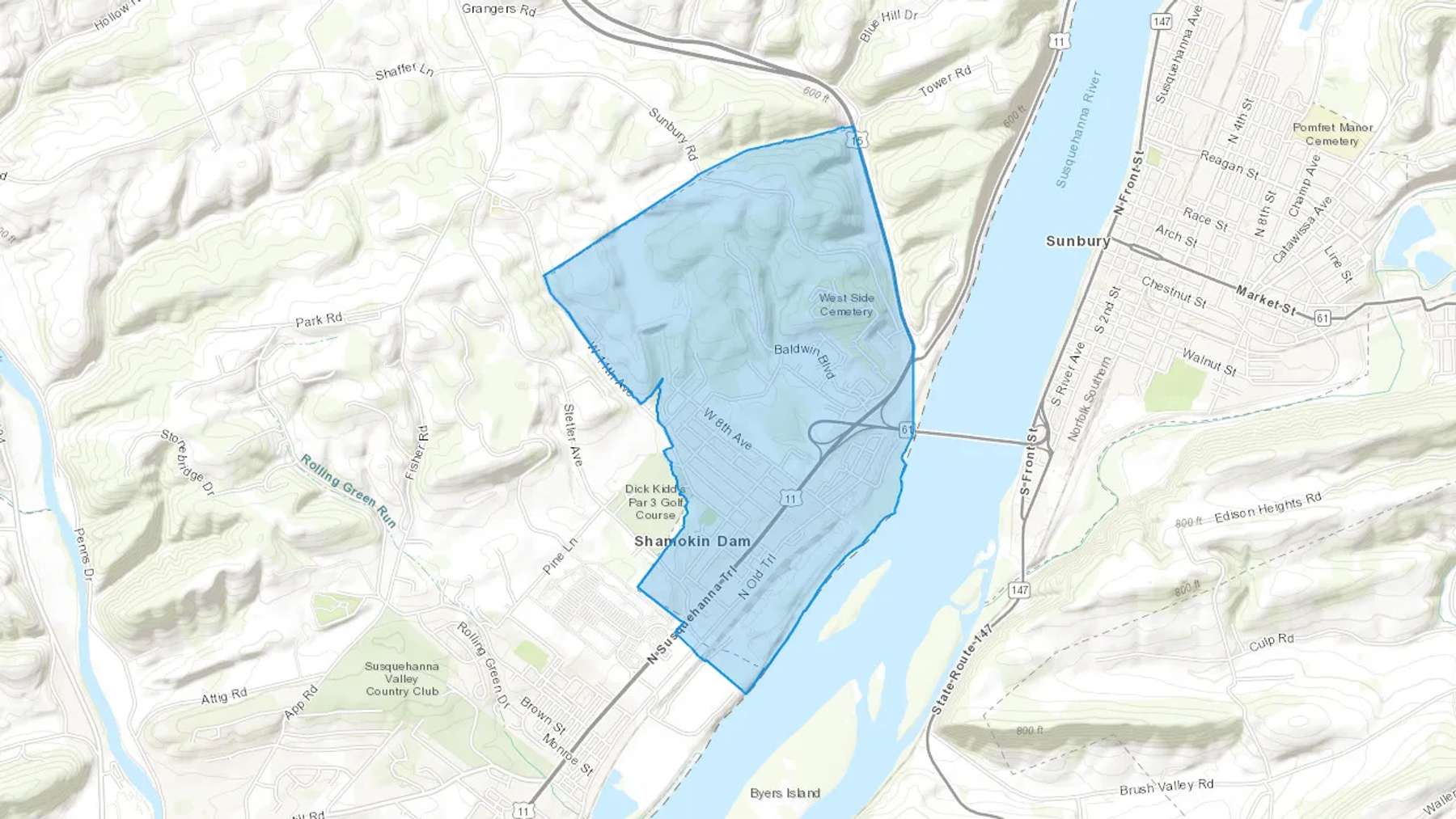 Shamokin Dam, PA Cash heating Oil delivery map Map of the COD Fuel Oil delivery service area for Shamokin Dam, PA