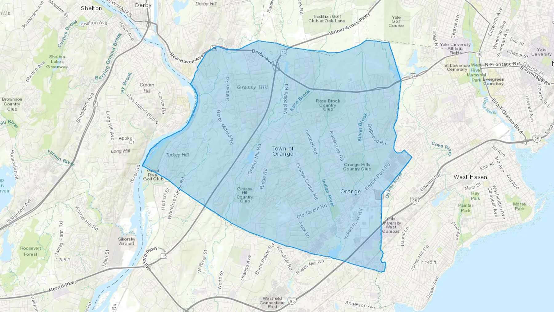 Orange, CT Cash heating Oil delivery map Map of the COD Fuel Oil delivery service area for Orange, CT