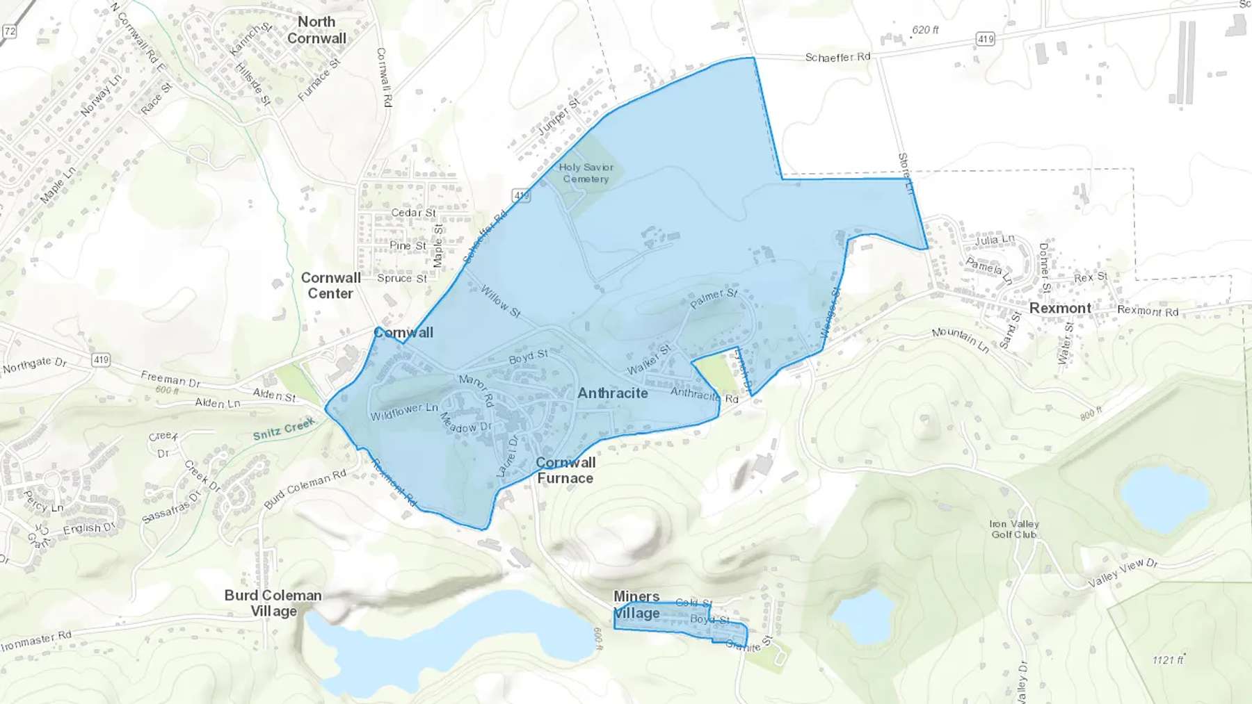 Cornwall, PA Cash heating Oil delivery map Map of the COD Fuel Oil delivery service area for Cornwall, PA