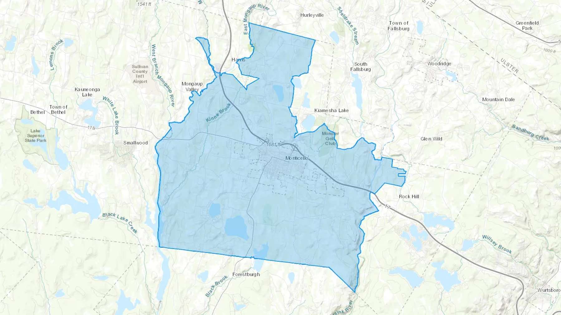 Monticello, NY Cash heating Oil delivery map Map of the COD Fuel Oil delivery service area for Monticello, NY