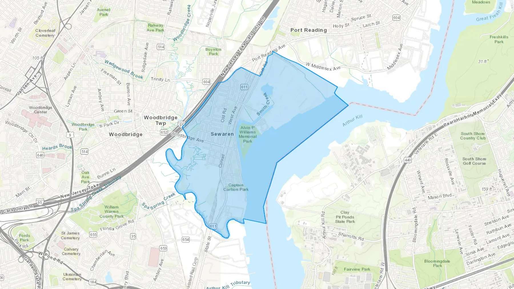 Sewaren, NJ Cash heating Oil delivery map Map of the COD Fuel Oil delivery service area for Sewaren, NJ