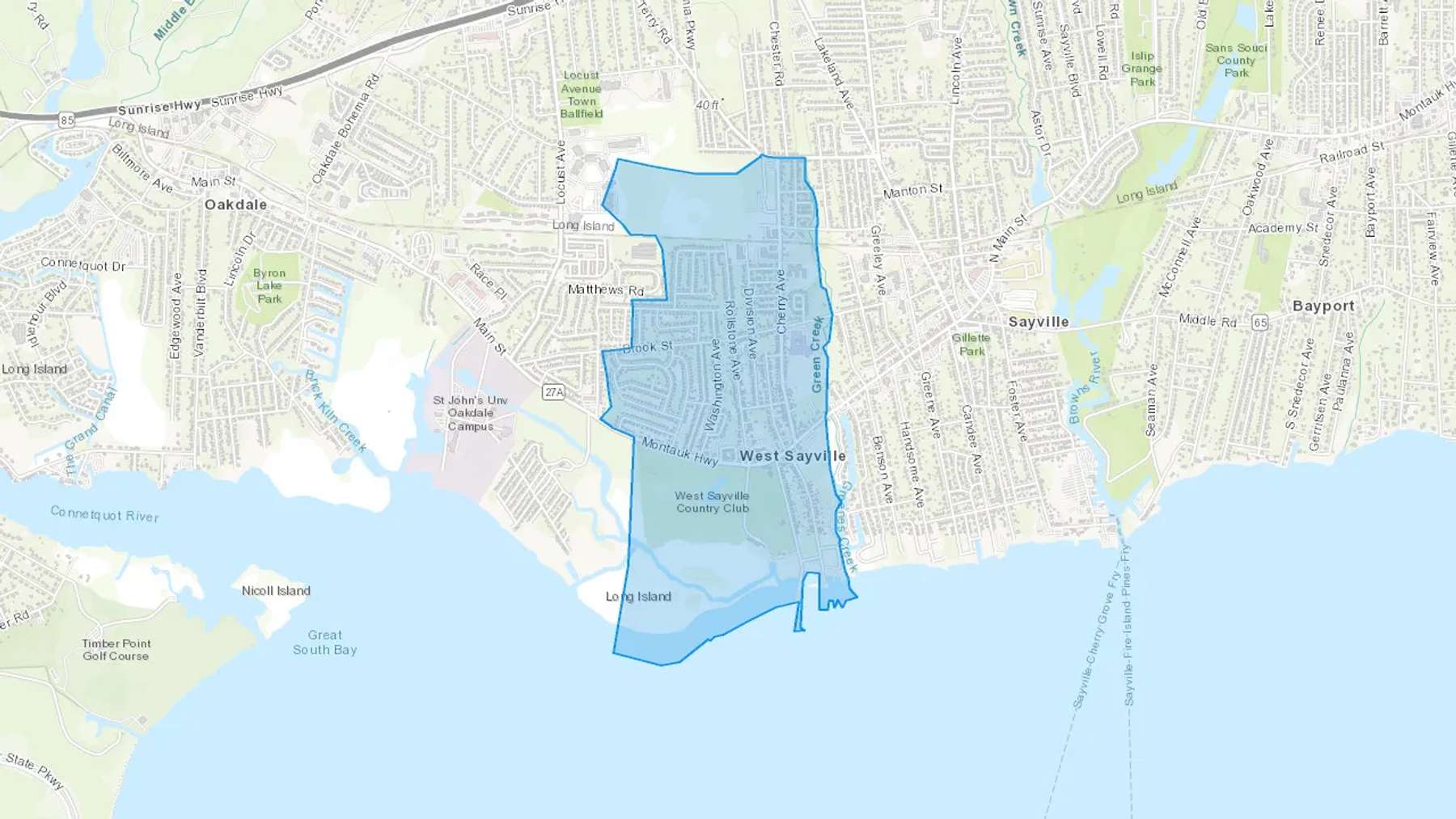 West Sayville, NY Cash heating Oil delivery map Map of the COD Fuel Oil delivery service area for West Sayville, NY