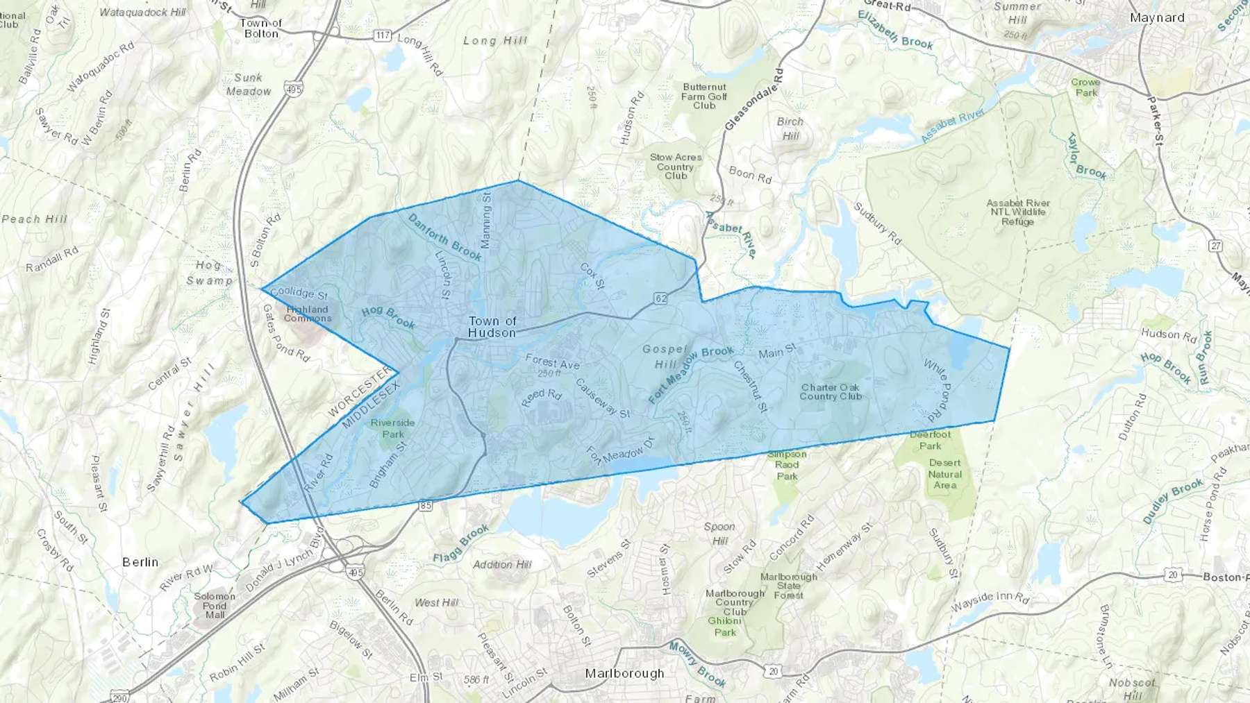 Hudson, MA Cash heating Oil delivery map Map of the COD Fuel Oil delivery service area for Hudson, MA