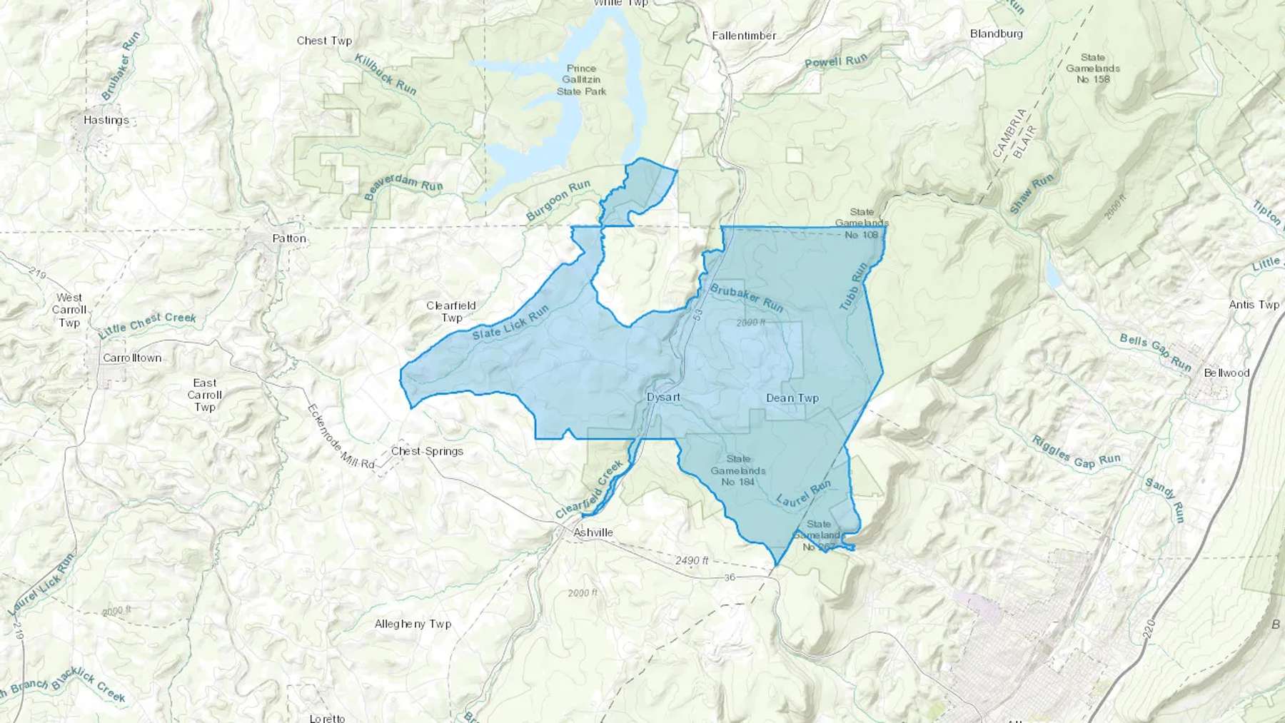 Dysart, PA Cash heating Oil delivery map Map of the COD Fuel Oil delivery service area for Dysart, PA