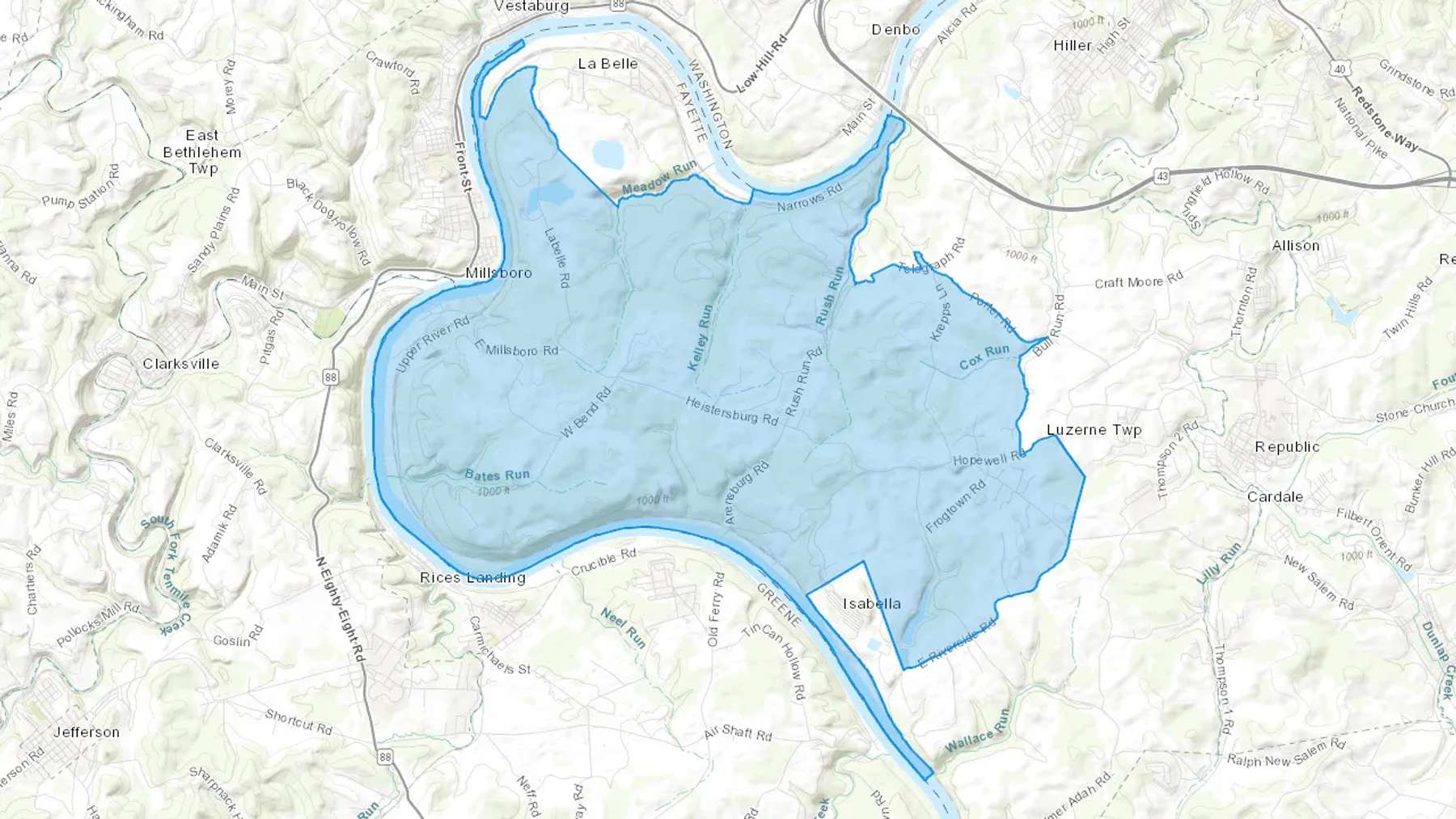 East Millsboro, PA Cash heating Oil delivery map Map of the COD Fuel Oil delivery service area for East Millsboro, PA