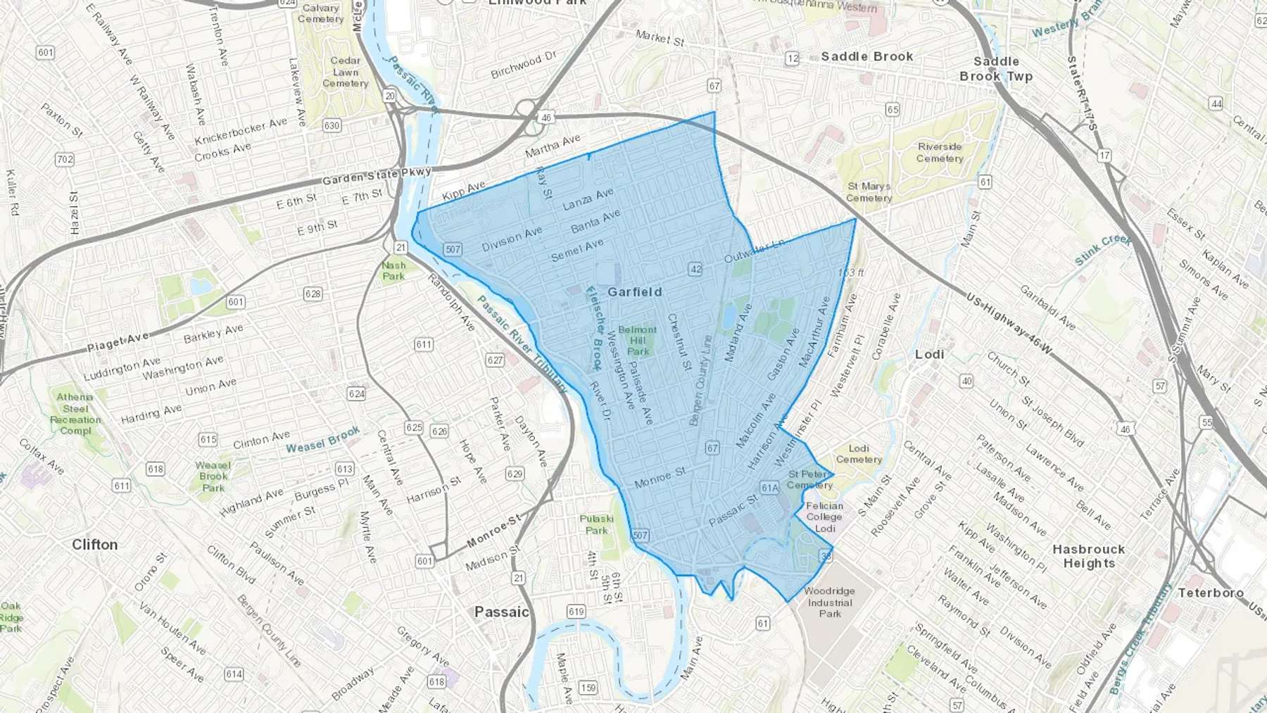 Garfield, NJ Cash heating Oil delivery map Map of the COD Fuel Oil delivery service area for Garfield, NJ