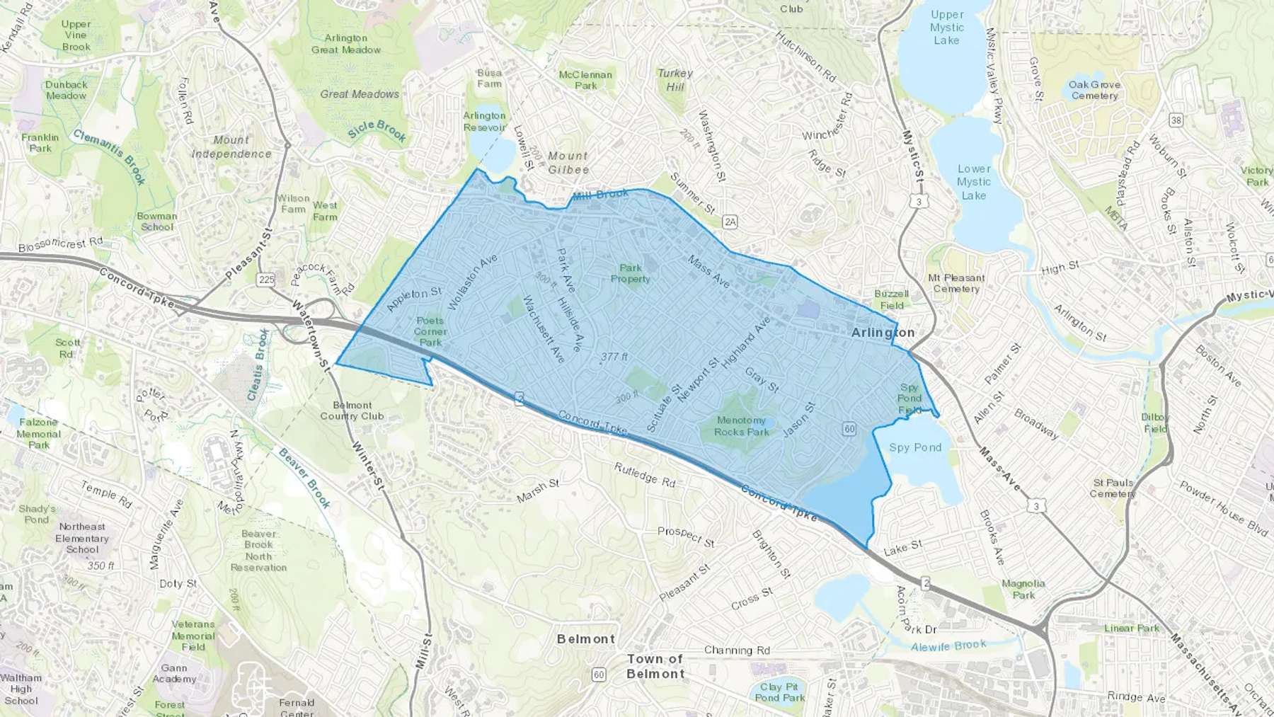 Arlington Heights, MA Cash heating Oil delivery map Map of the COD Fuel Oil delivery service area for Arlington Heights, MA