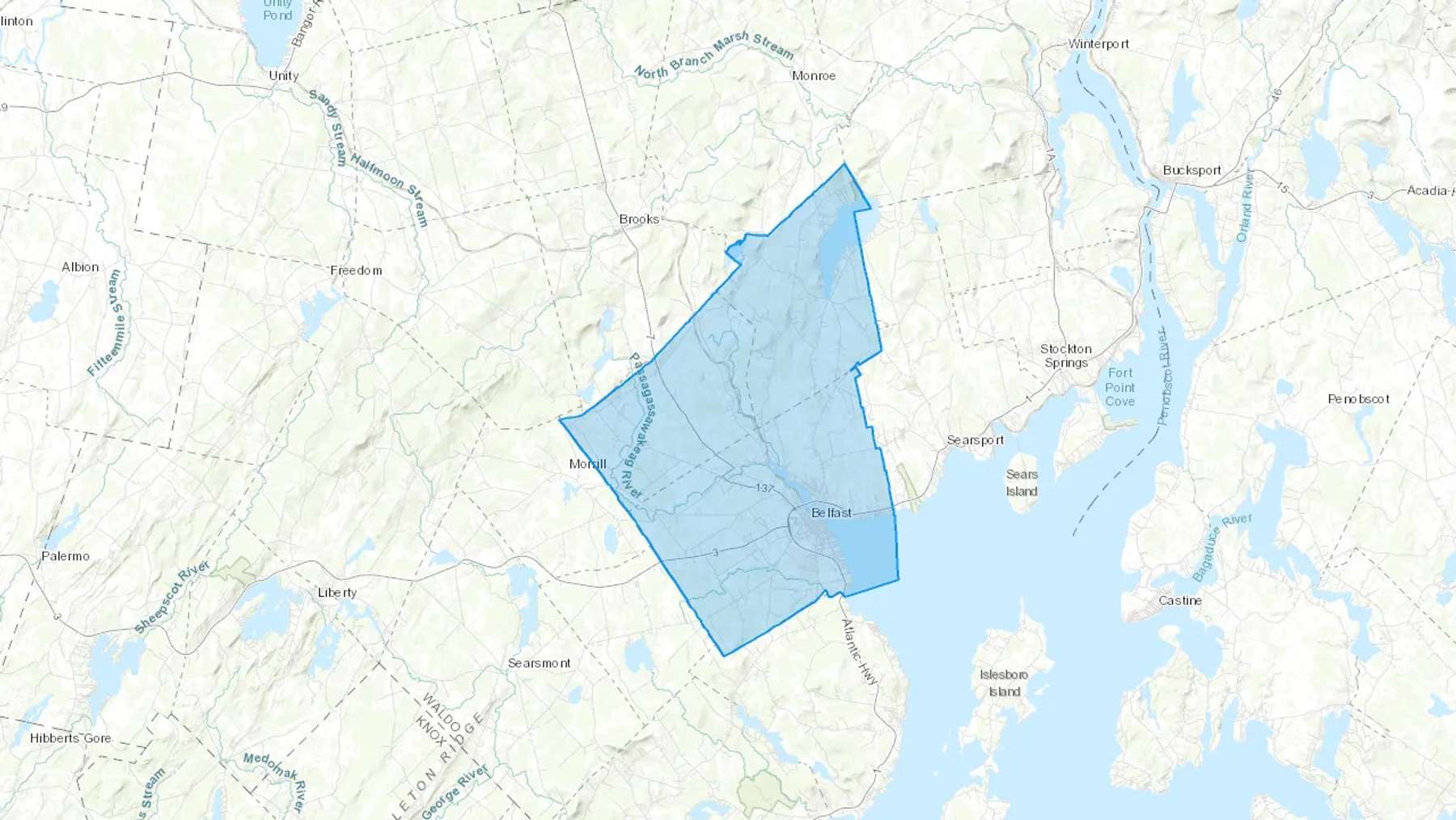 Belfast, ME Cash heating Oil delivery map Map of the COD Fuel Oil delivery service area for Belfast, ME