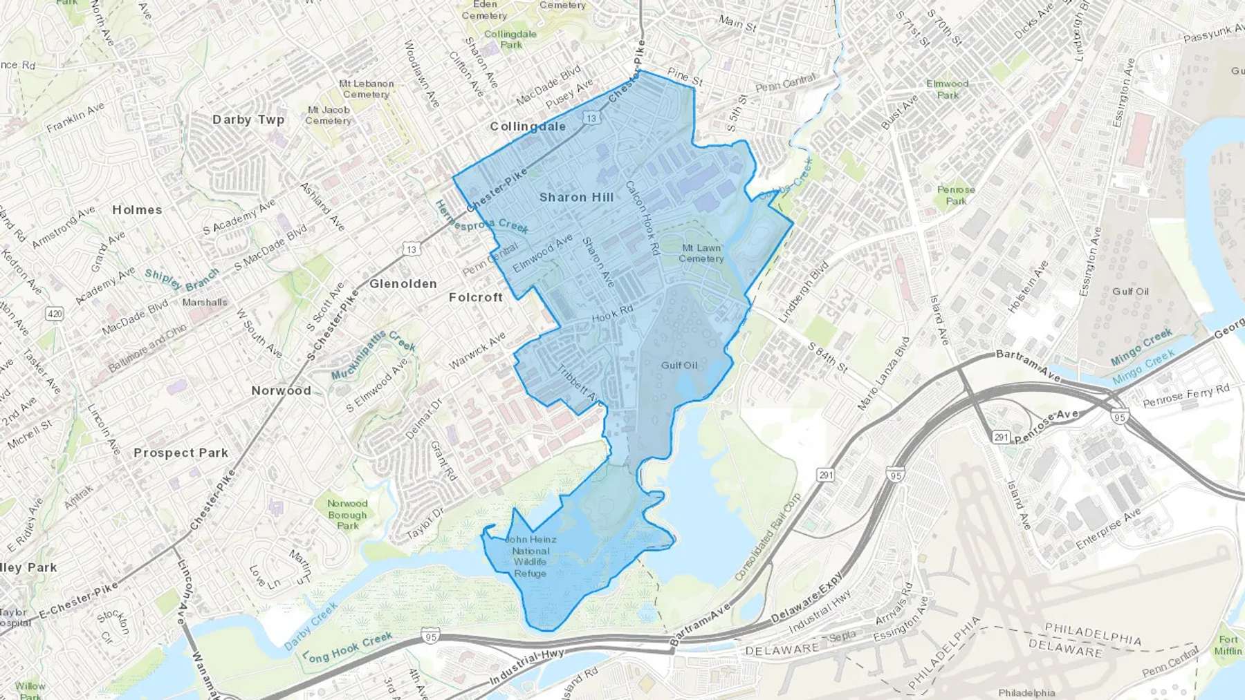 Sharon Hill, PA Cash heating Oil delivery map Map of the COD Fuel Oil delivery service area for Sharon Hill, PA