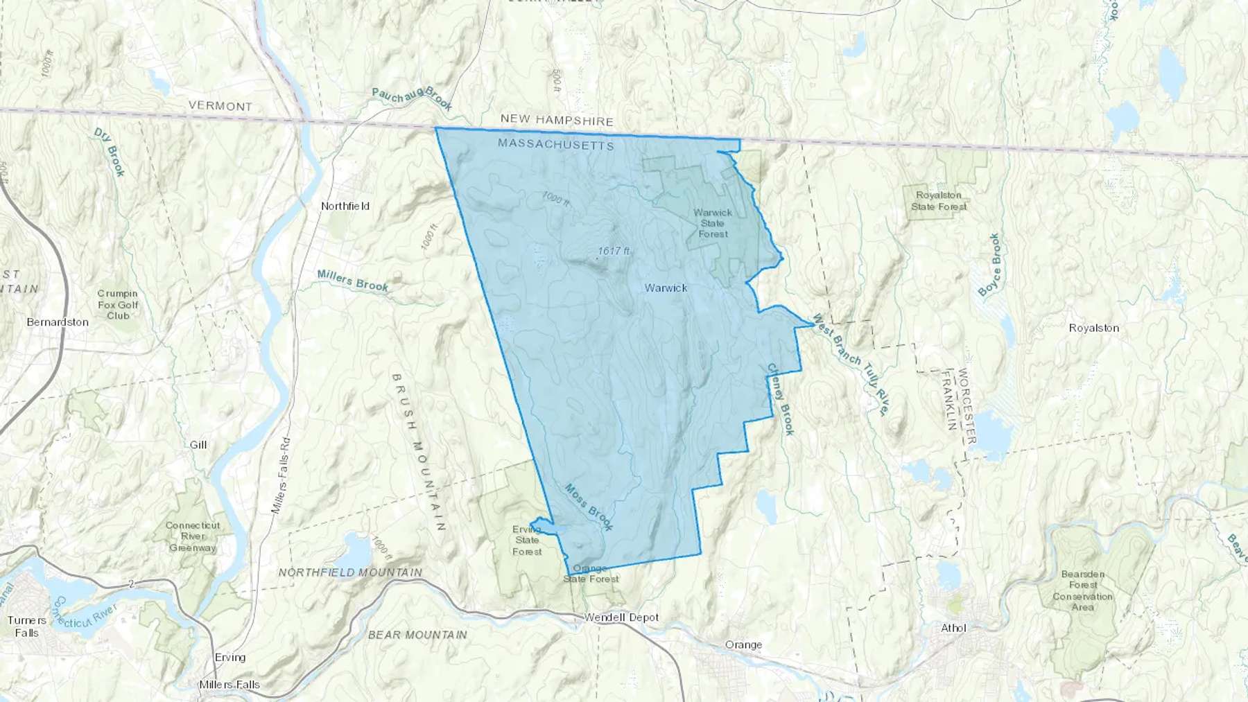 Warwick, MA Cash heating Oil delivery map Map of the COD Fuel Oil delivery service area for Warwick, MA
