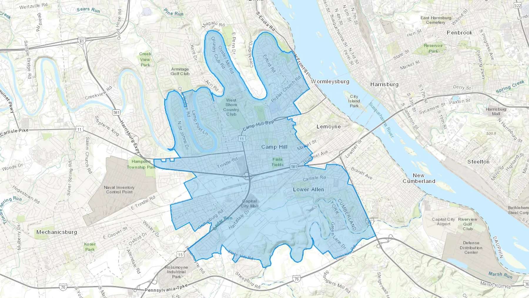 Camp Hill, PA Cash heating Oil delivery map Map of the COD Fuel Oil delivery service area for Camp Hill, PA