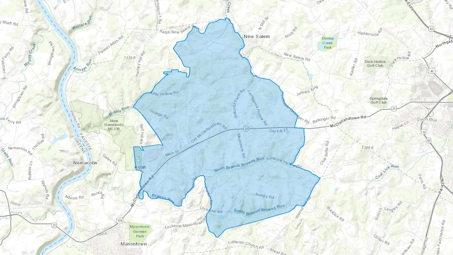 Mcclellandtown, PA Cash heating Oil delivery map Map of the COD Fuel Oil delivery service area for Mcclellandtown, PA
