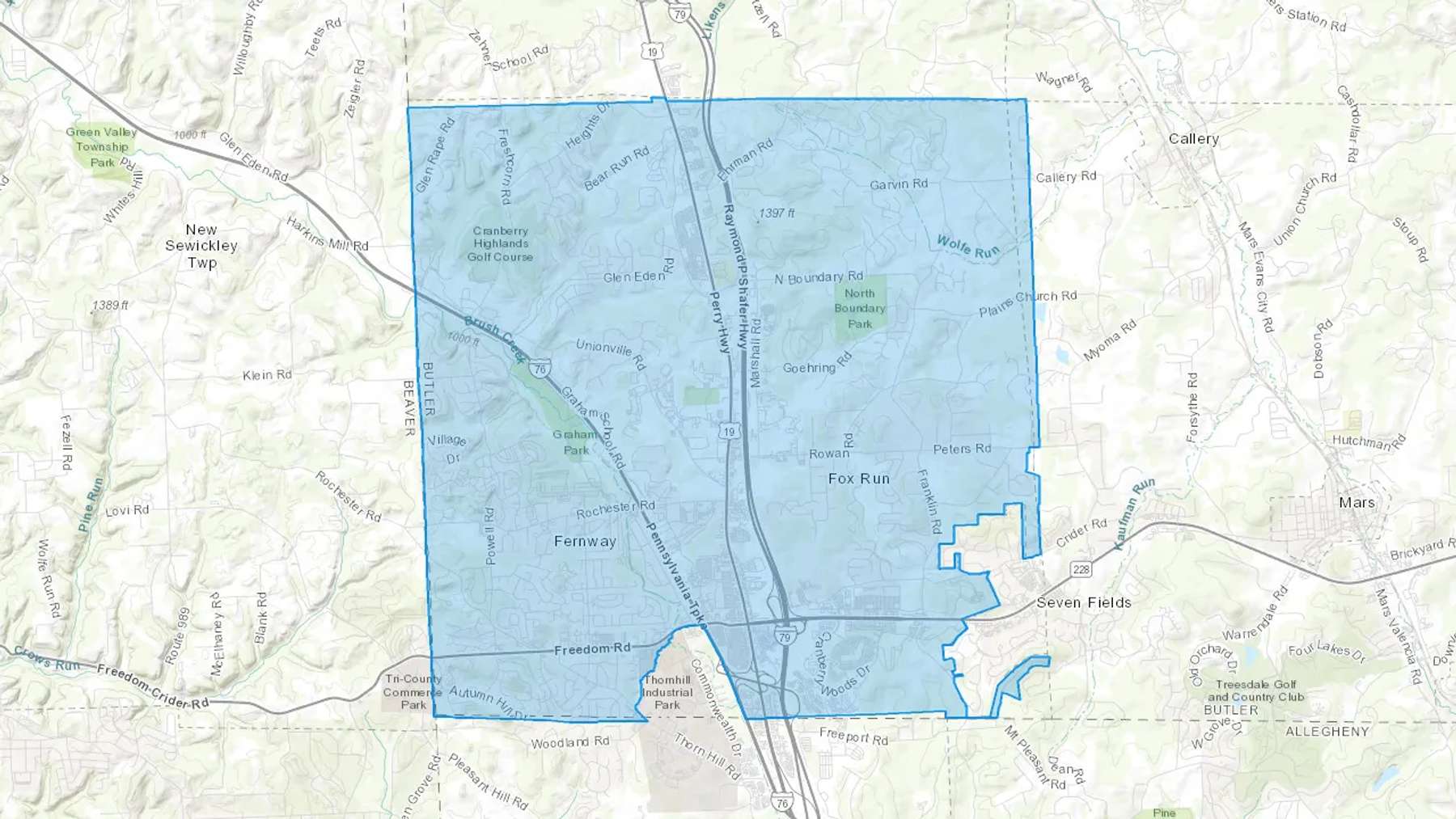 Cranberry Township, PA Cash heating Oil delivery map Map of the COD Fuel Oil delivery service area for Cranberry Township, PA