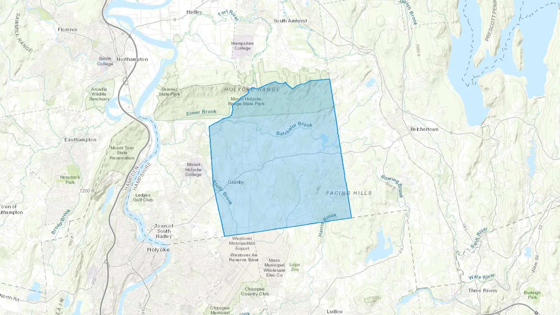 Granby, MA Cash heating Oil delivery map Map of the COD Fuel Oil delivery service area for Granby, MA