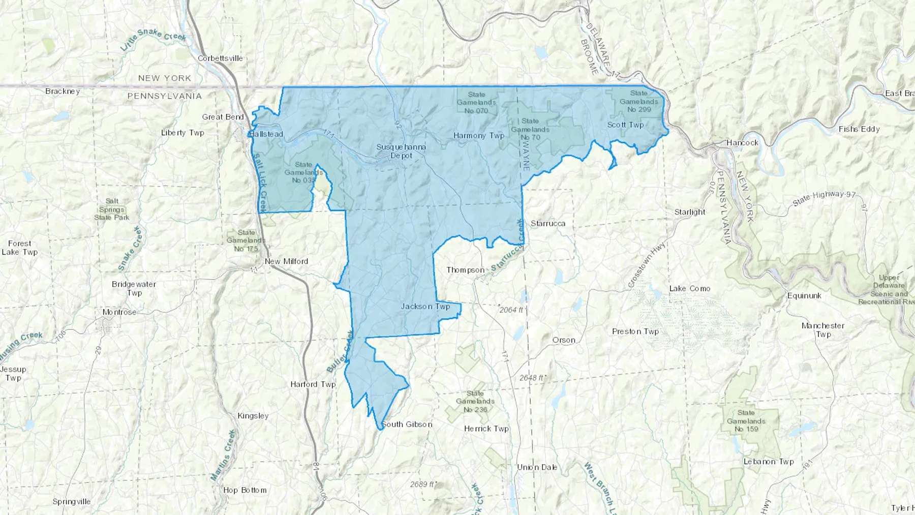 South Gibson, PA Cash heating Oil delivery map Map of the COD Fuel Oil delivery service area for South Gibson, PA