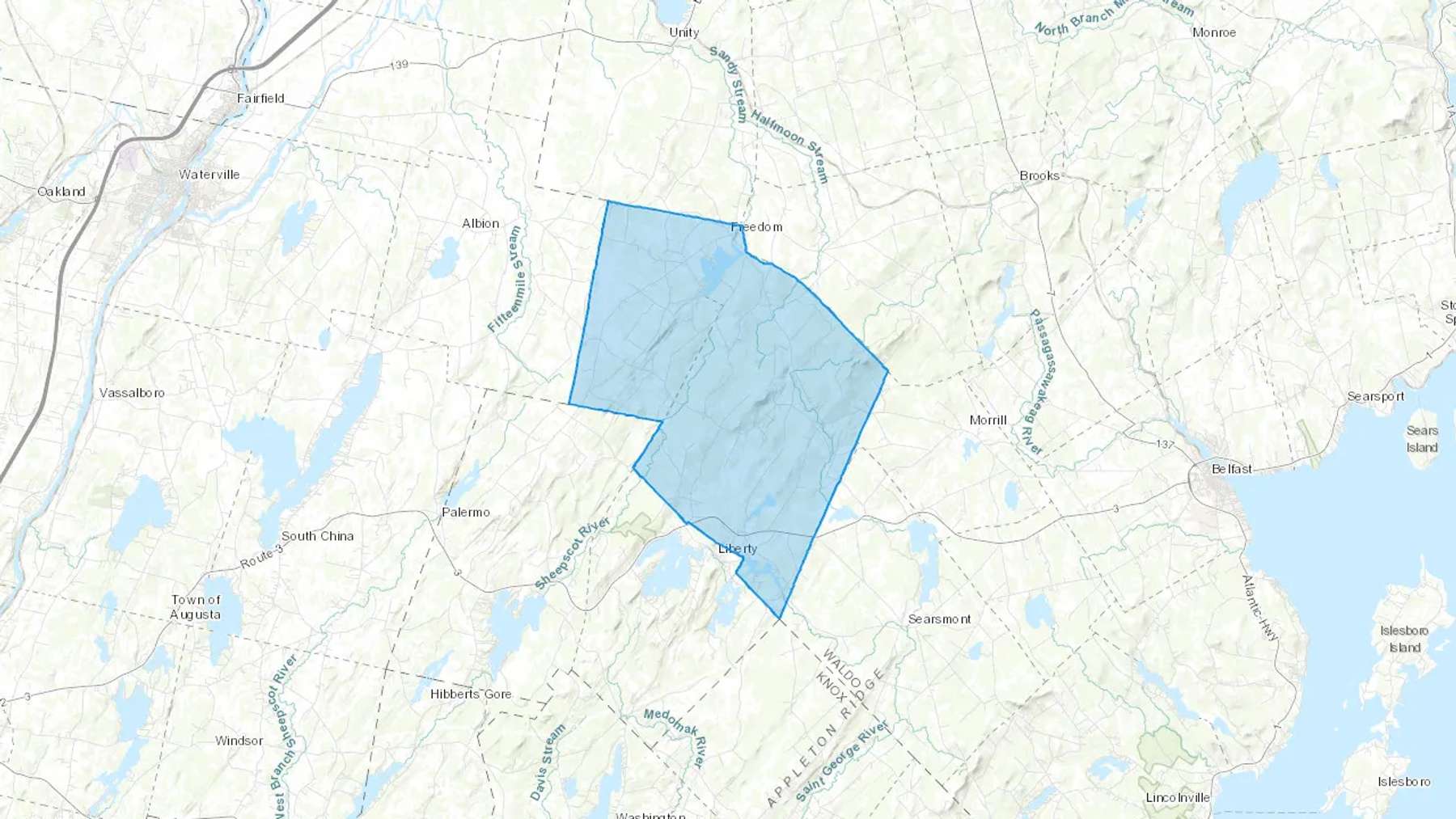 Freedom, ME Cash heating Oil delivery map Map of the COD Fuel Oil delivery service area for Freedom, ME