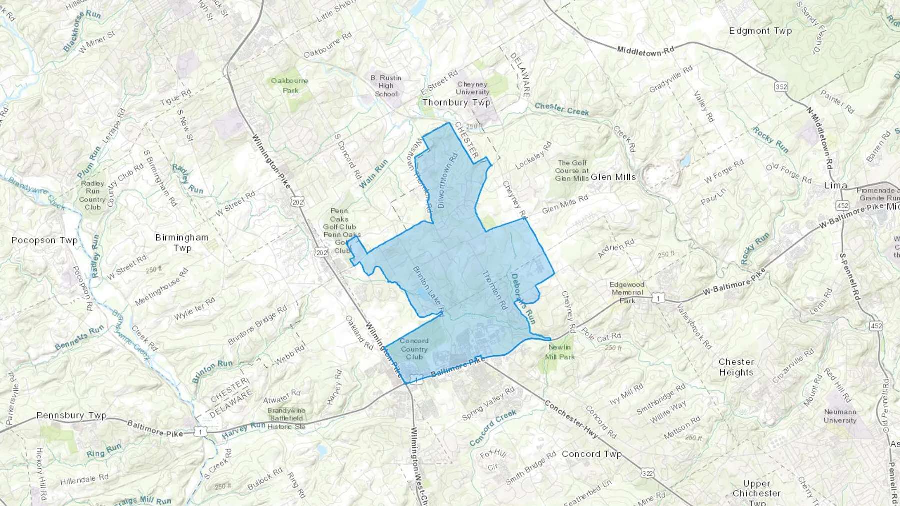 Thornton, PA Cash heating Oil delivery map Map of the COD Fuel Oil delivery service area for Thornton, PA