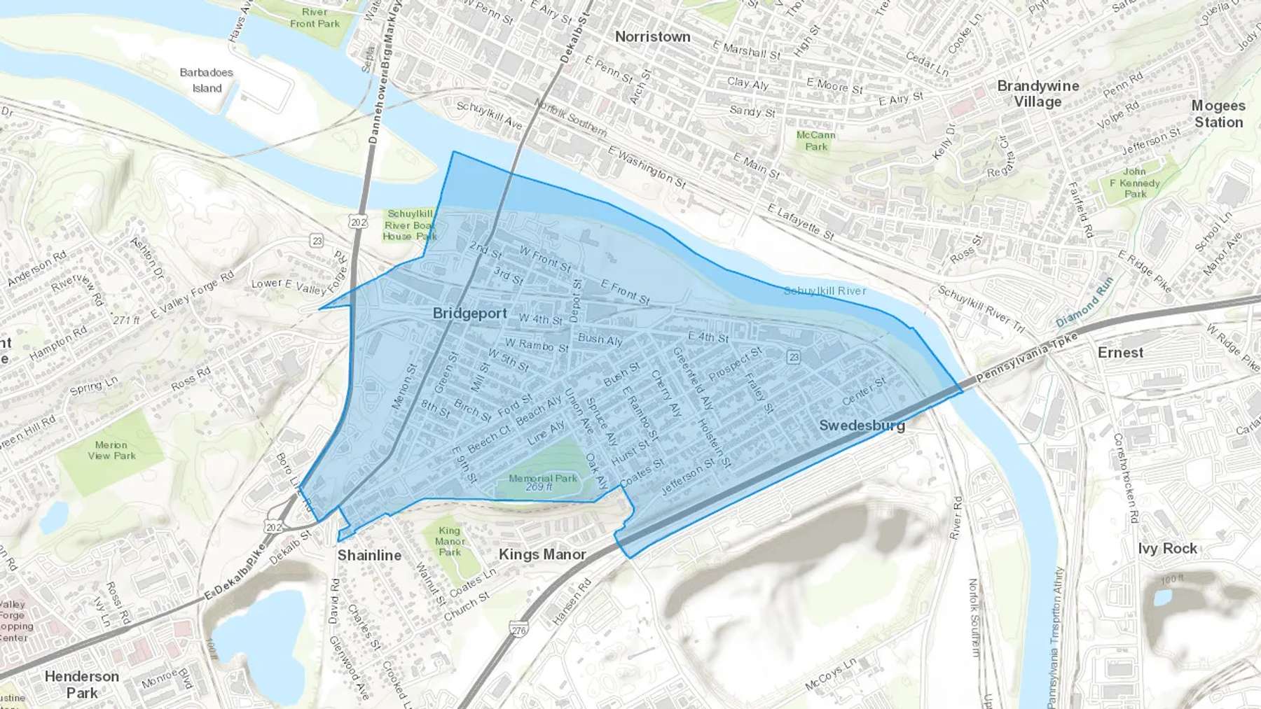 Bridgeport, PA Cash heating Oil delivery map Map of the COD Fuel Oil delivery service area for Bridgeport, PA