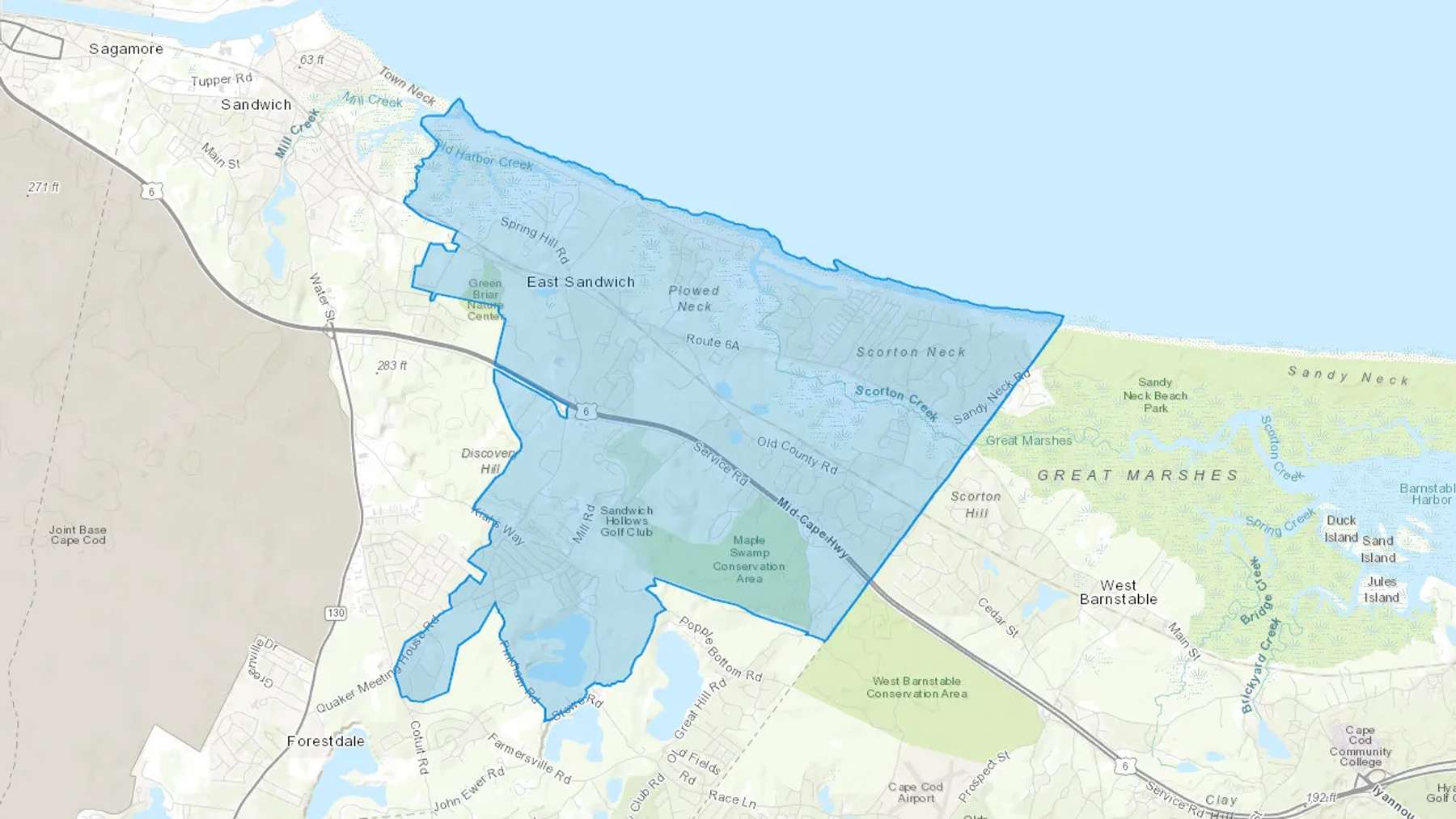 East Sandwich, MA Cash heating Oil delivery map Map of the COD Fuel Oil delivery service area for East Sandwich, MA