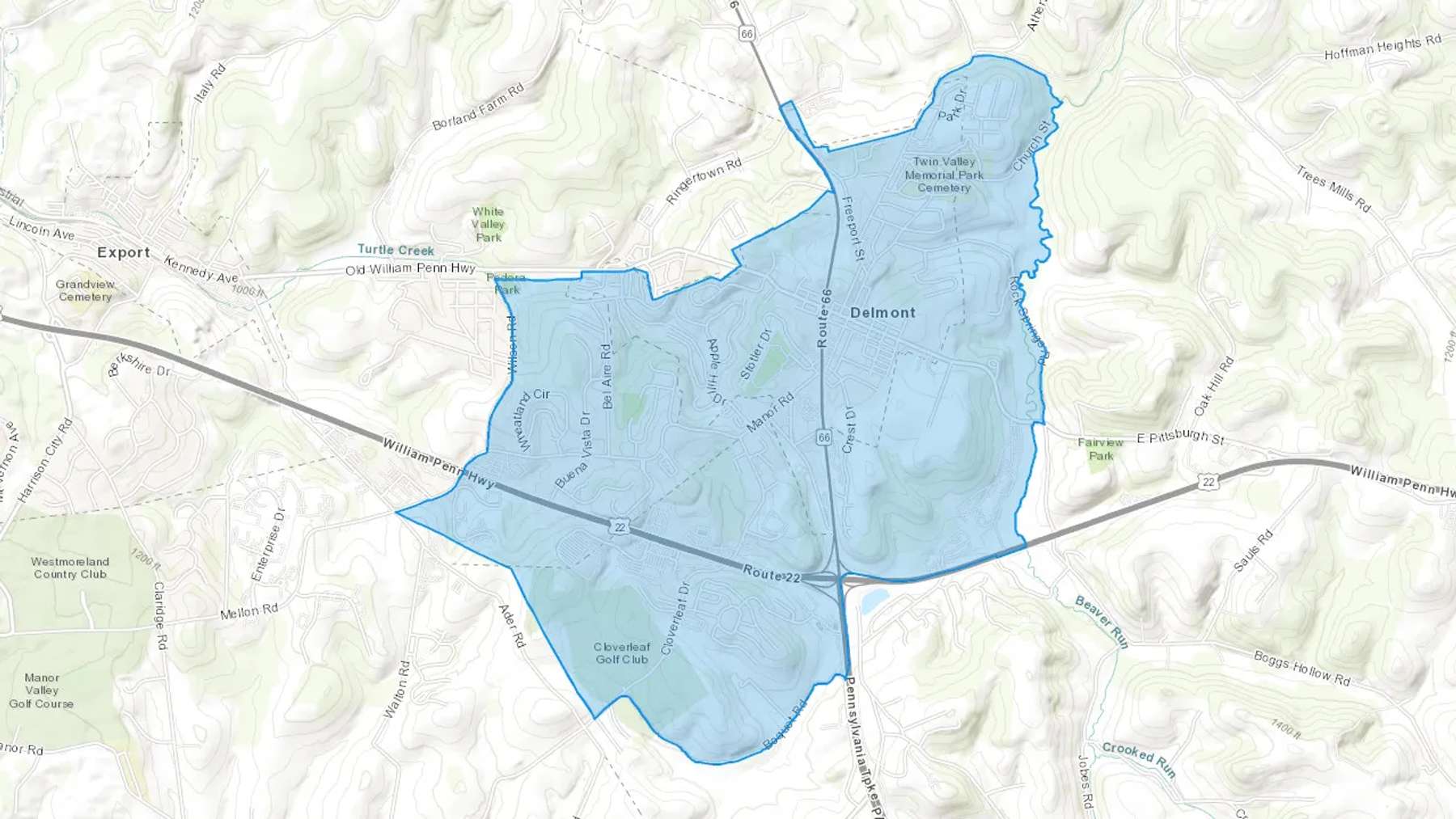 Delmont, PA Cash heating Oil delivery map Map of the COD Fuel Oil delivery service area for Delmont, PA
