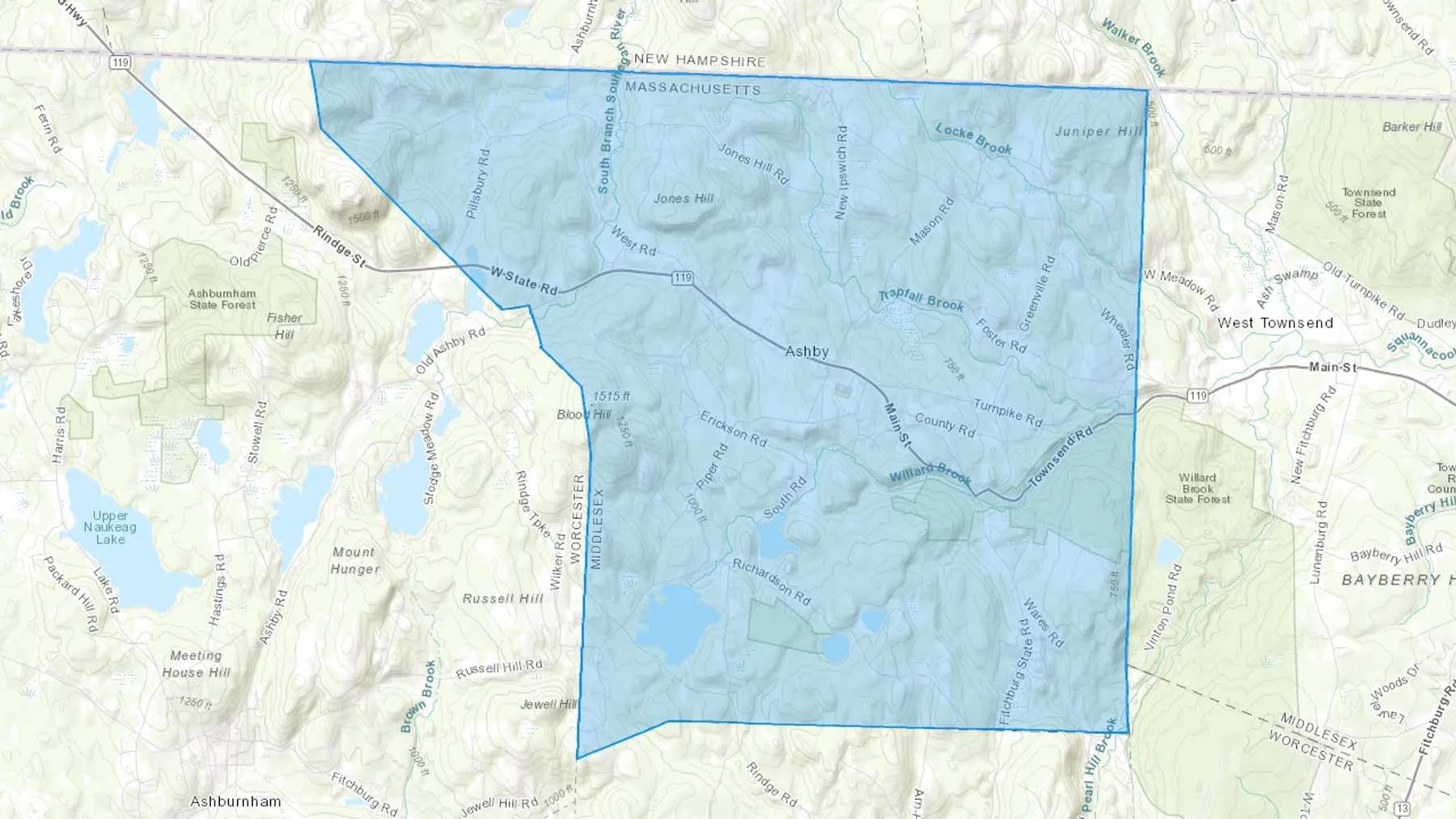 Ashby, MA Cash heating Oil delivery map Map of the COD Fuel Oil delivery service area for Ashby, MA