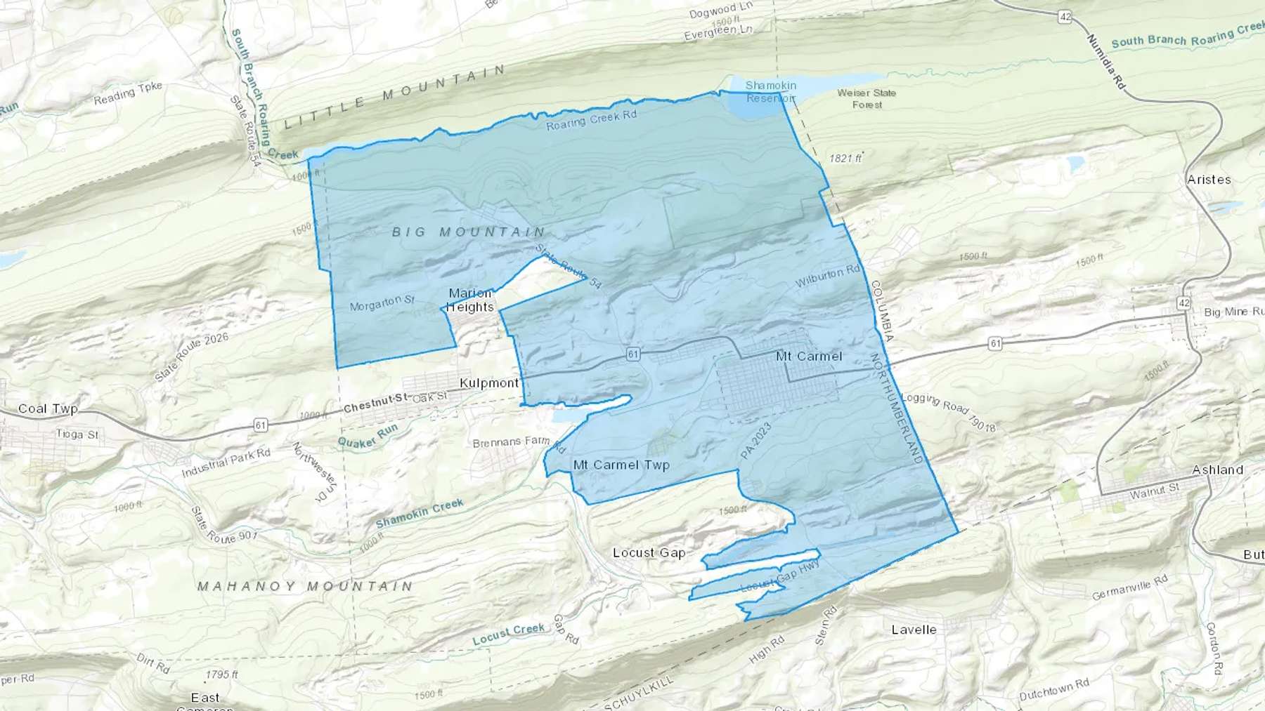 Mount Carmel, PA Cash heating Oil delivery map Map of the COD Fuel Oil delivery service area for Mount Carmel, PA