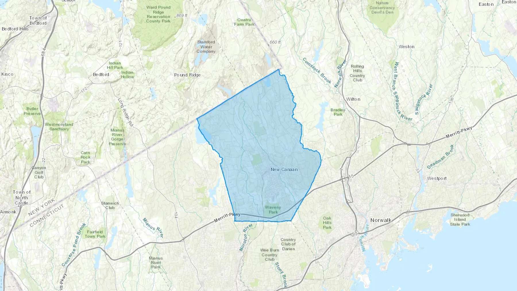 New Canaan, CT Cash heating Oil delivery map Map of the COD Fuel Oil delivery service area for New Canaan, CT