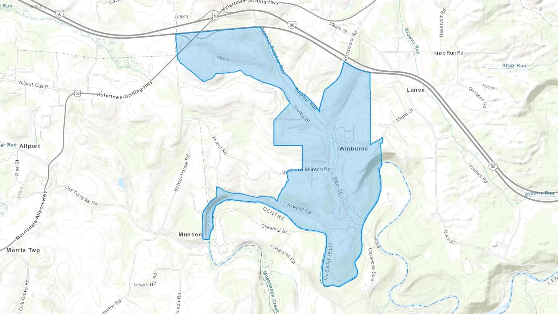 Winburne, PA Cash heating Oil delivery map Map of the COD Fuel Oil delivery service area for Winburne, PA