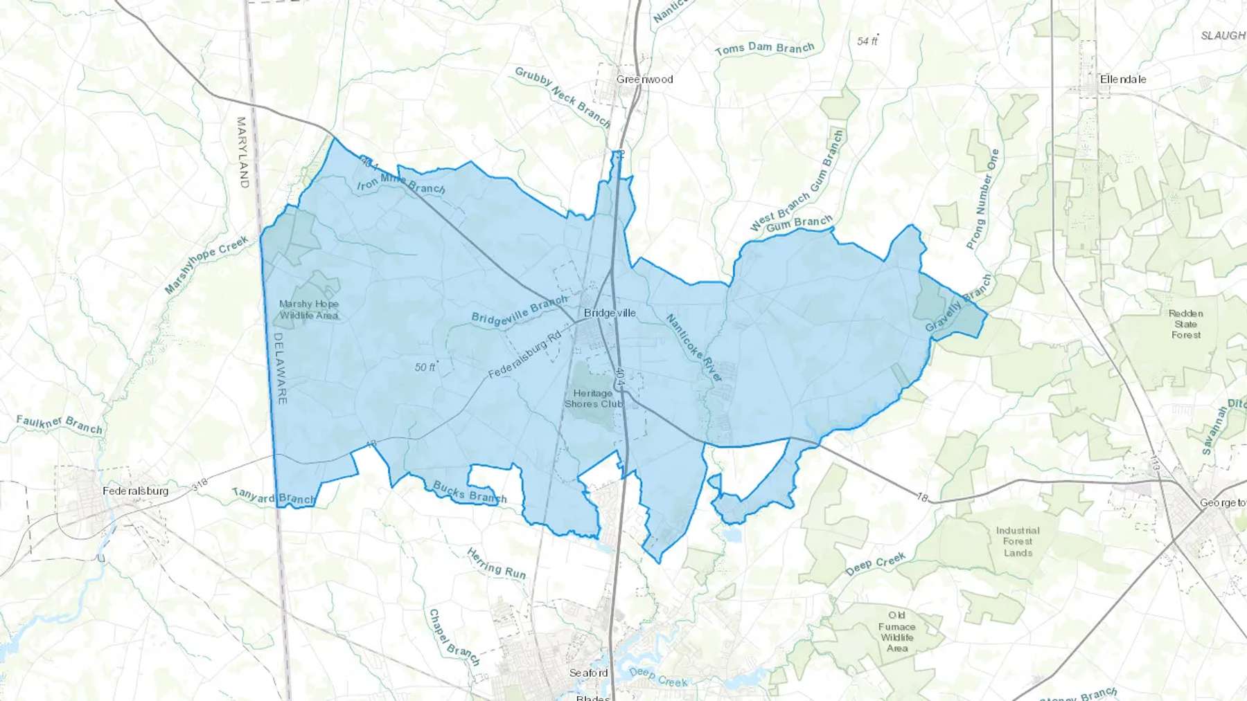 Bridgeville, DE Cash heating Oil delivery map Map of the COD Fuel Oil delivery service area for Bridgeville, DE