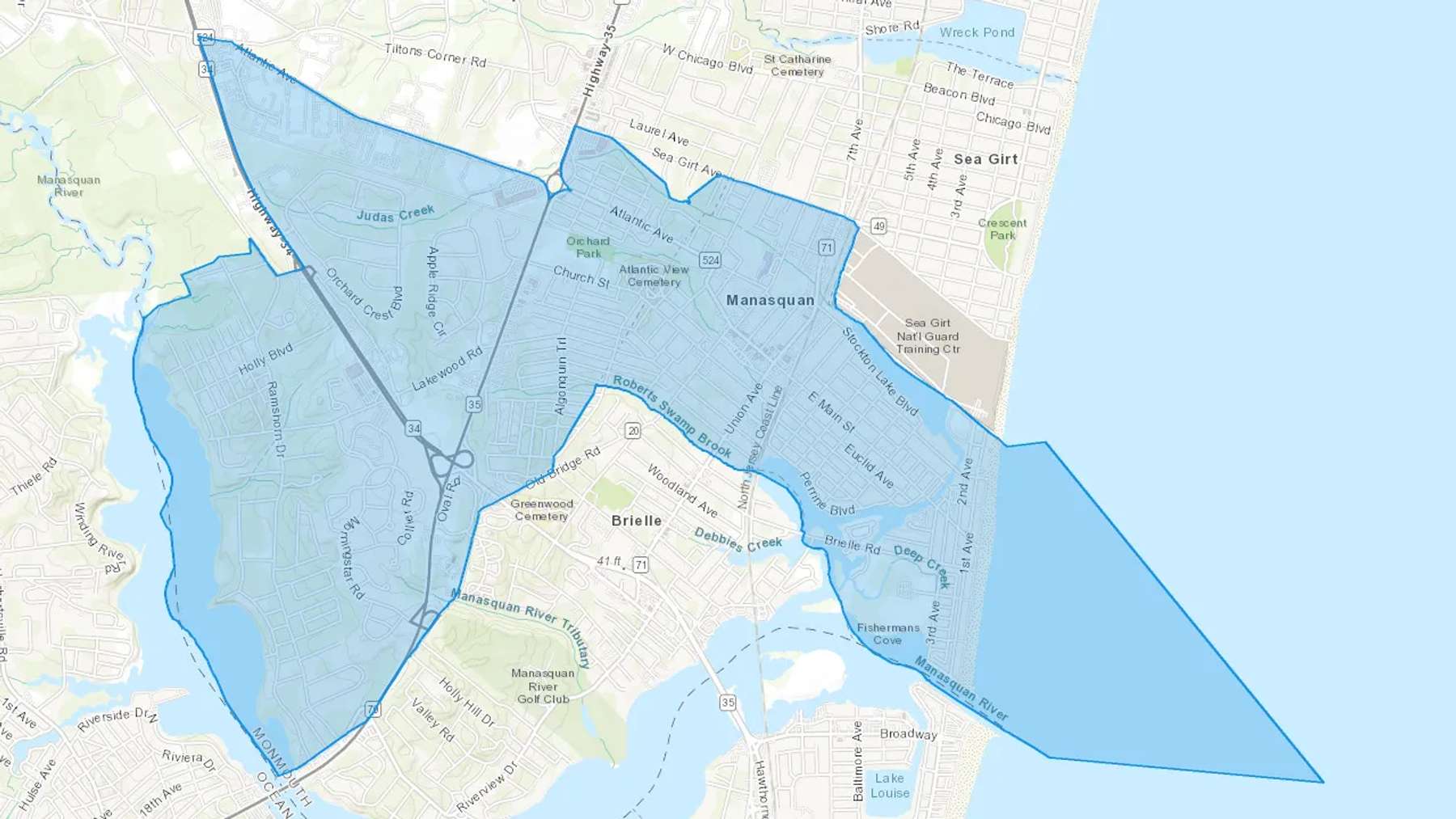 Manasquan, NJ Cash heating Oil delivery map Map of the COD Fuel Oil delivery service area for Manasquan, NJ
