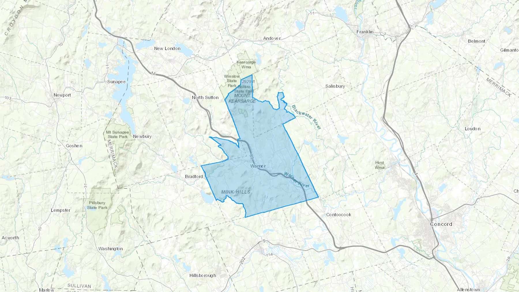 Warner, NH Cash heating Oil delivery map Map of the COD Fuel Oil delivery service area for Warner, NH