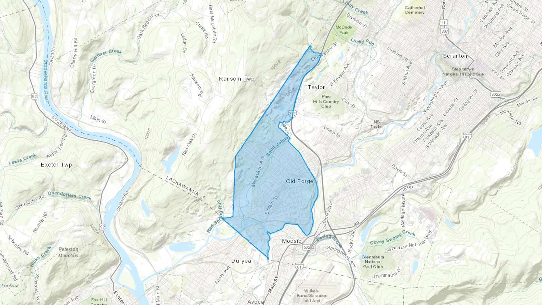 Old Forge, PA Cash heating Oil delivery map Map of the COD Fuel Oil delivery service area for Old Forge, PA