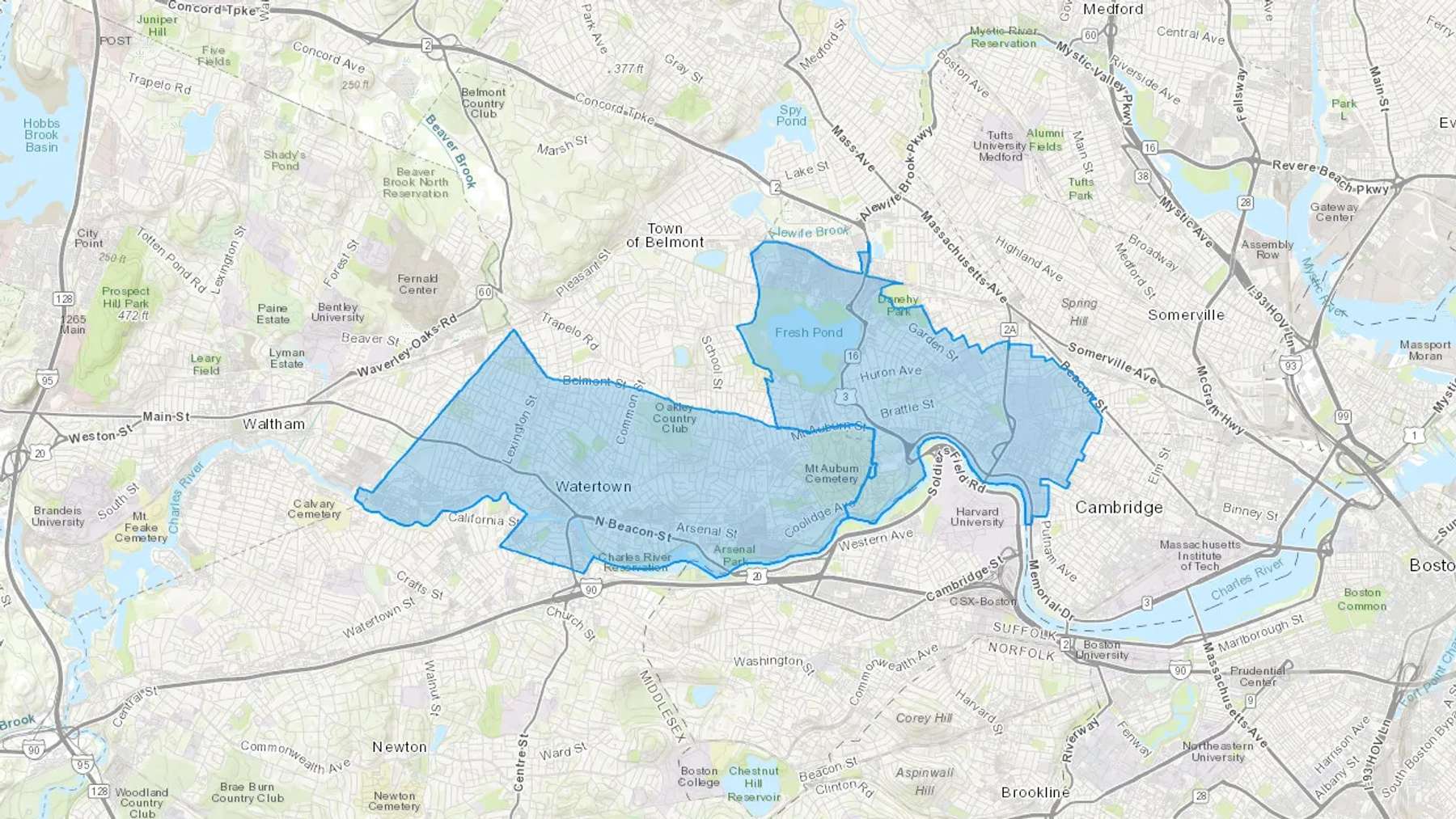 Watertown, MA Cash heating Oil delivery map Map of the COD Fuel Oil delivery service area for Watertown, MA